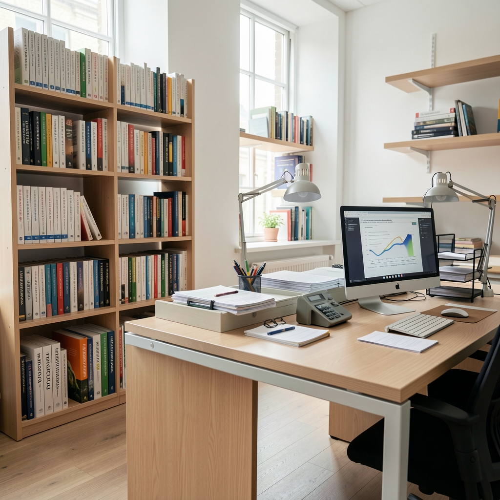 Interior view of the Talveri New York workspace with natural light, reference shelving of nutritional research volumes, and a structured documentation station