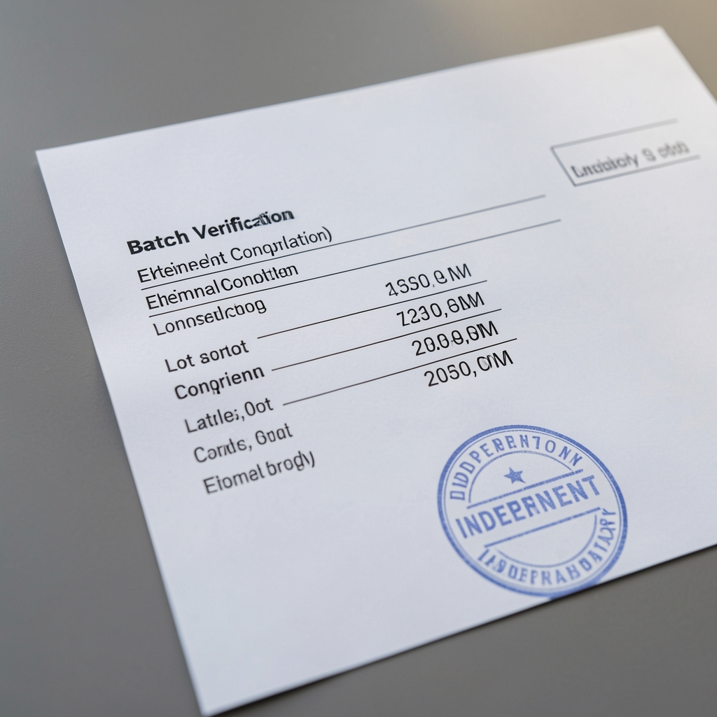Close-up of a batch verification document with lot numbers, elemental concentration values, and independent laboratory stamp on a matte paper background