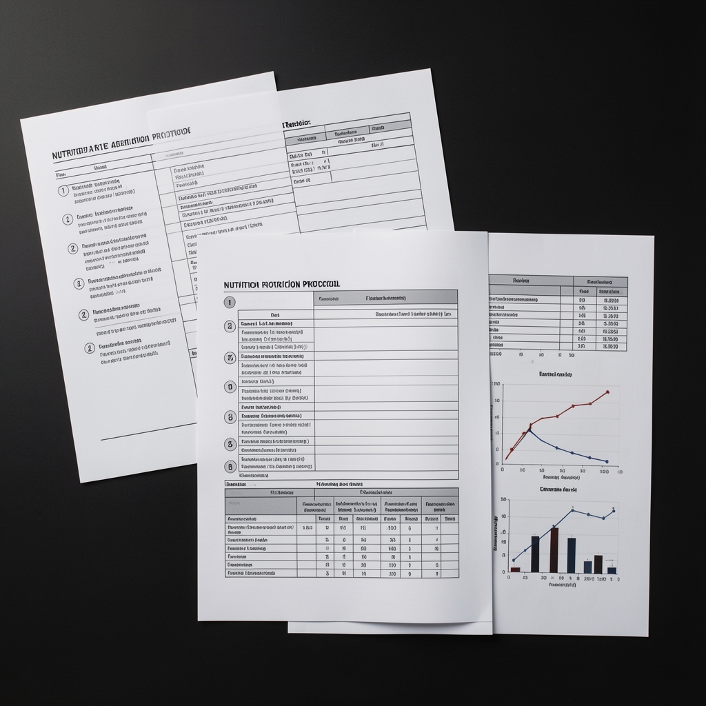 Blueprint-style overhead flat-lay of nutrition protocol documentation sheets with numbered verification steps, batch lot records, and elemental analysis charts arranged on a dark background