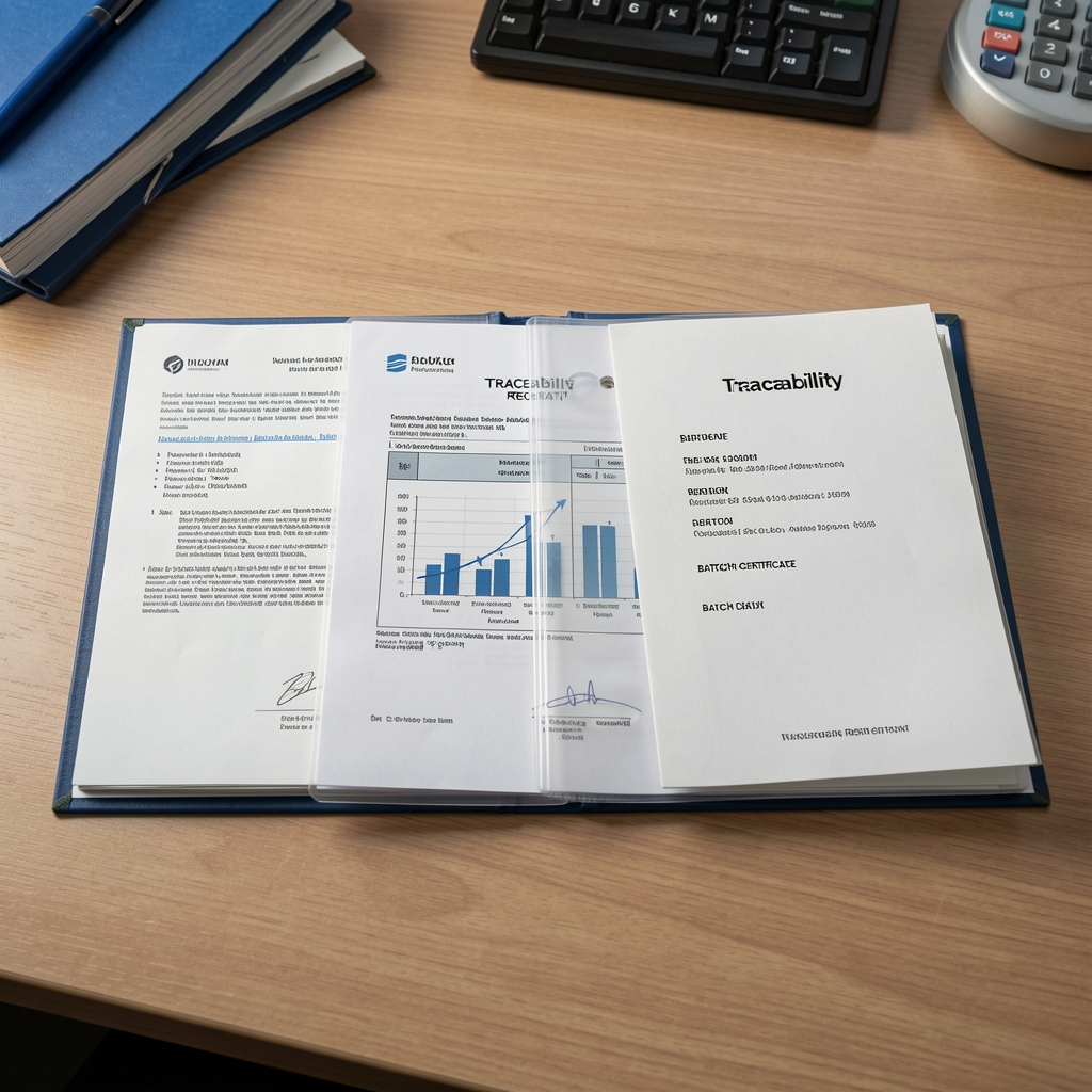 Traceability record package laid flat showing supplier documentation, laboratory analysis report, and batch certificate organized in a clear filing system on a documentation desk