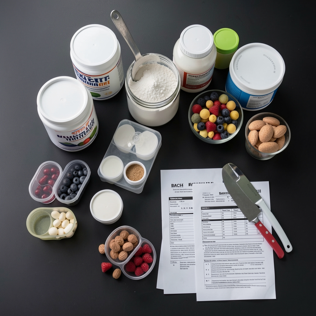 Wide-angle overhead view of a structured sports nutrition layout with weighed protein powder, portioned supplement containers, whole foods, and batch verification documents on a dark surface