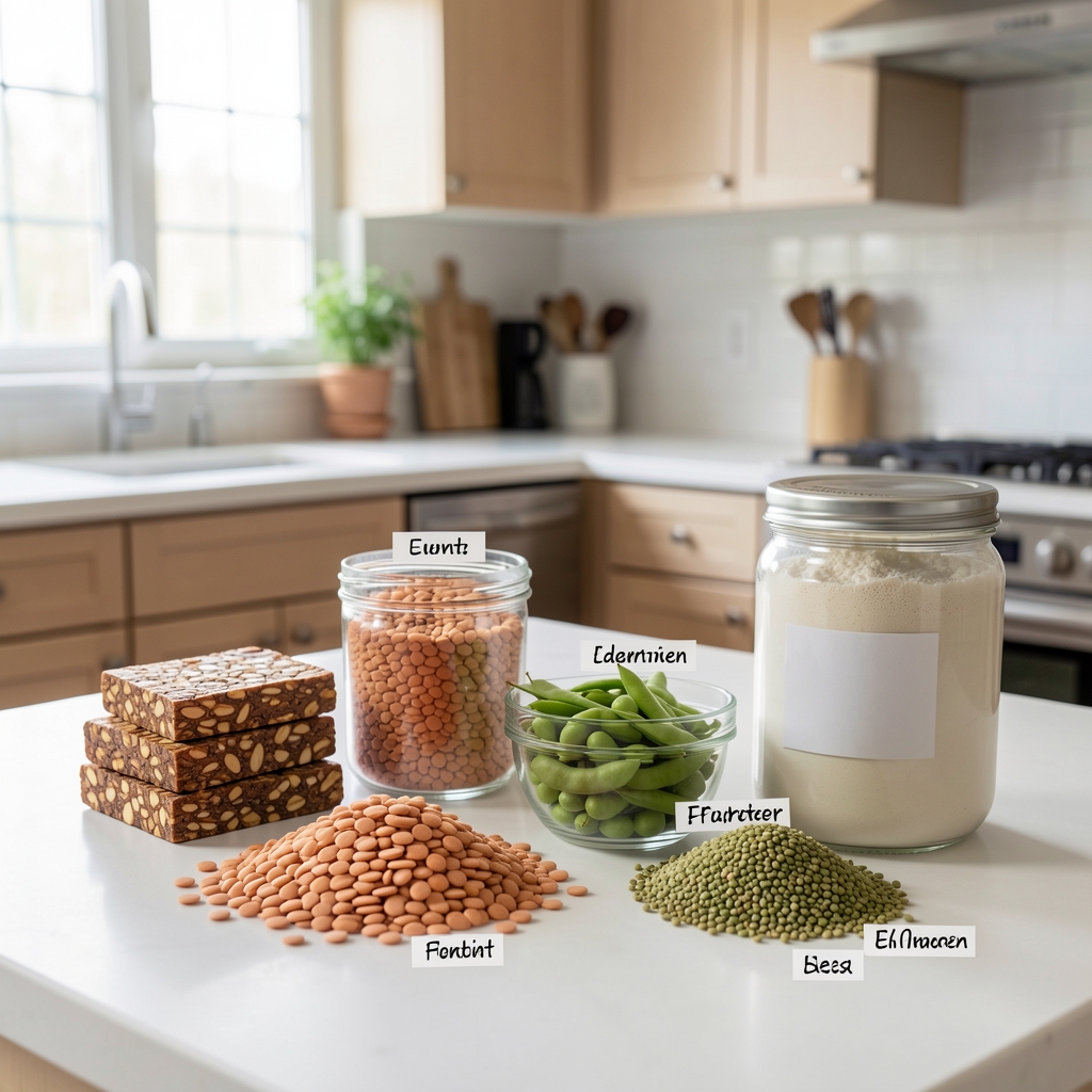 Arranged plant-based protein sources including tempeh, lentils, edamame, hemp seeds, and pea protein powder measured and labelled on a clean work surface in a well-lit kitchen