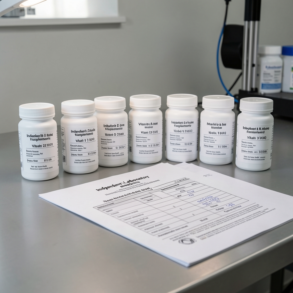 Quality control bench with labelled supplement containers showing batch codes, vitamin D zinc magnesium concentration sheets, and an independent laboratory analysis report under controlled lighting