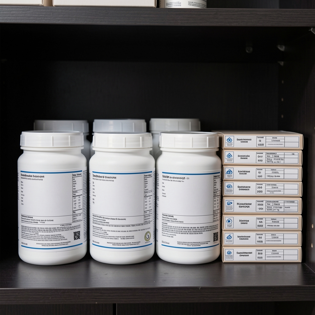 Neat arrangement of four documented supplement containers on a dark shelf with printed lot records and batch certificates stacked beside them in a clean workspace under controlled lighting